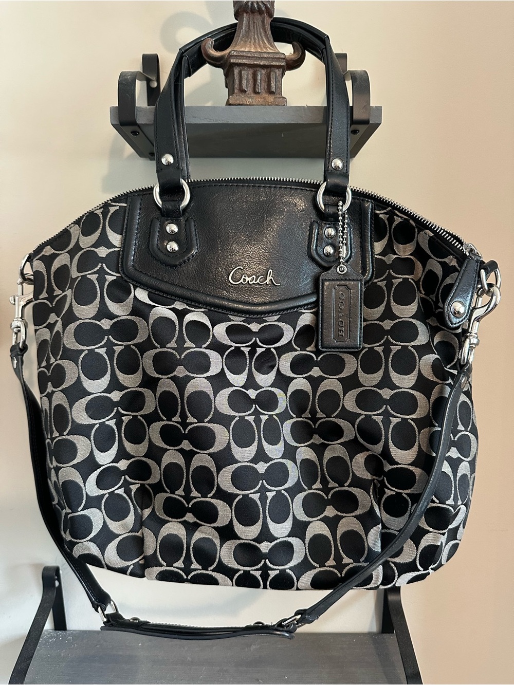 Coach Black & Gray Signature Canvas Shoulder Bag with Leather Trim